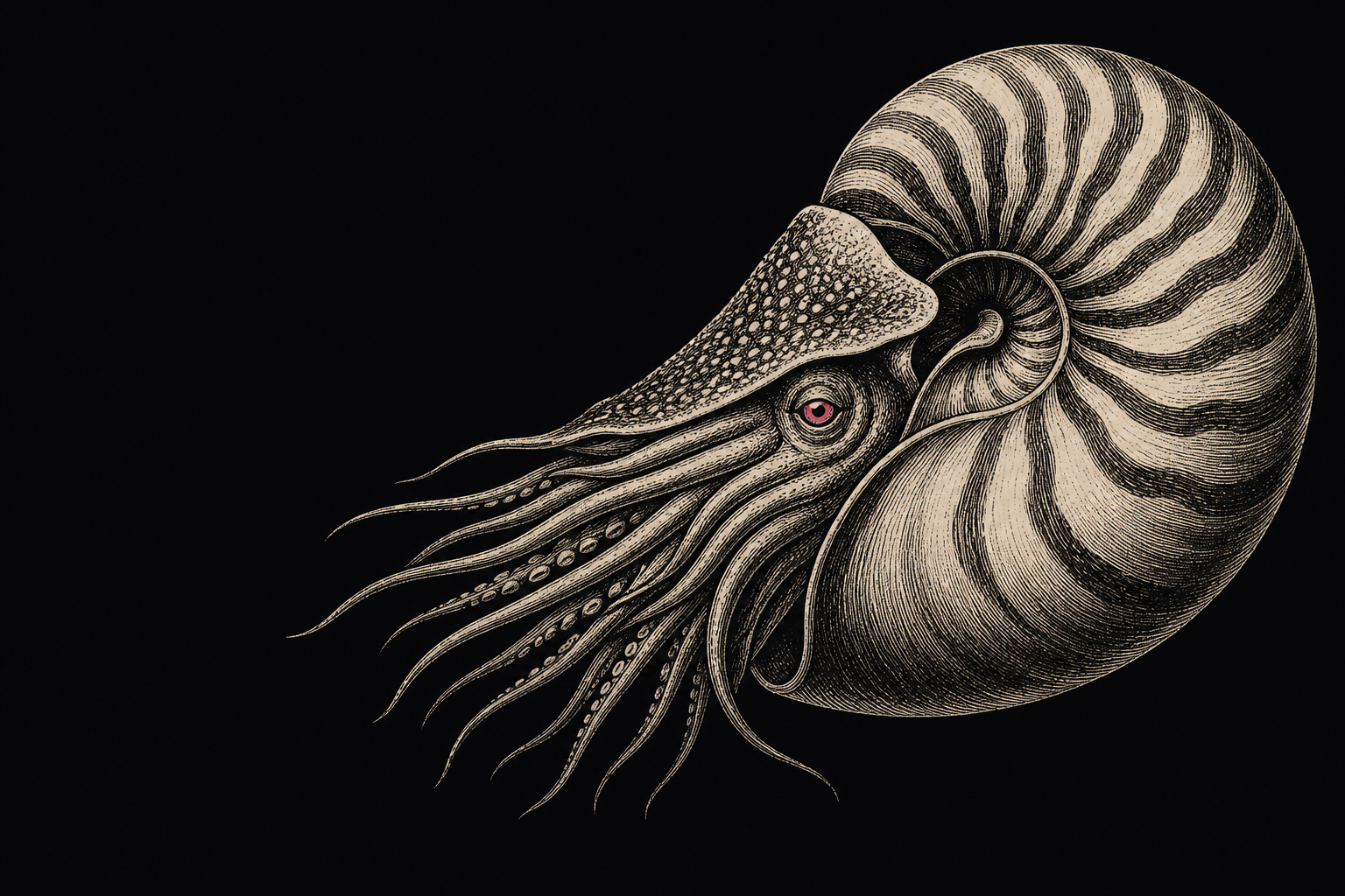 Engraved chambered nautilus with a rose-colored eye on a black field